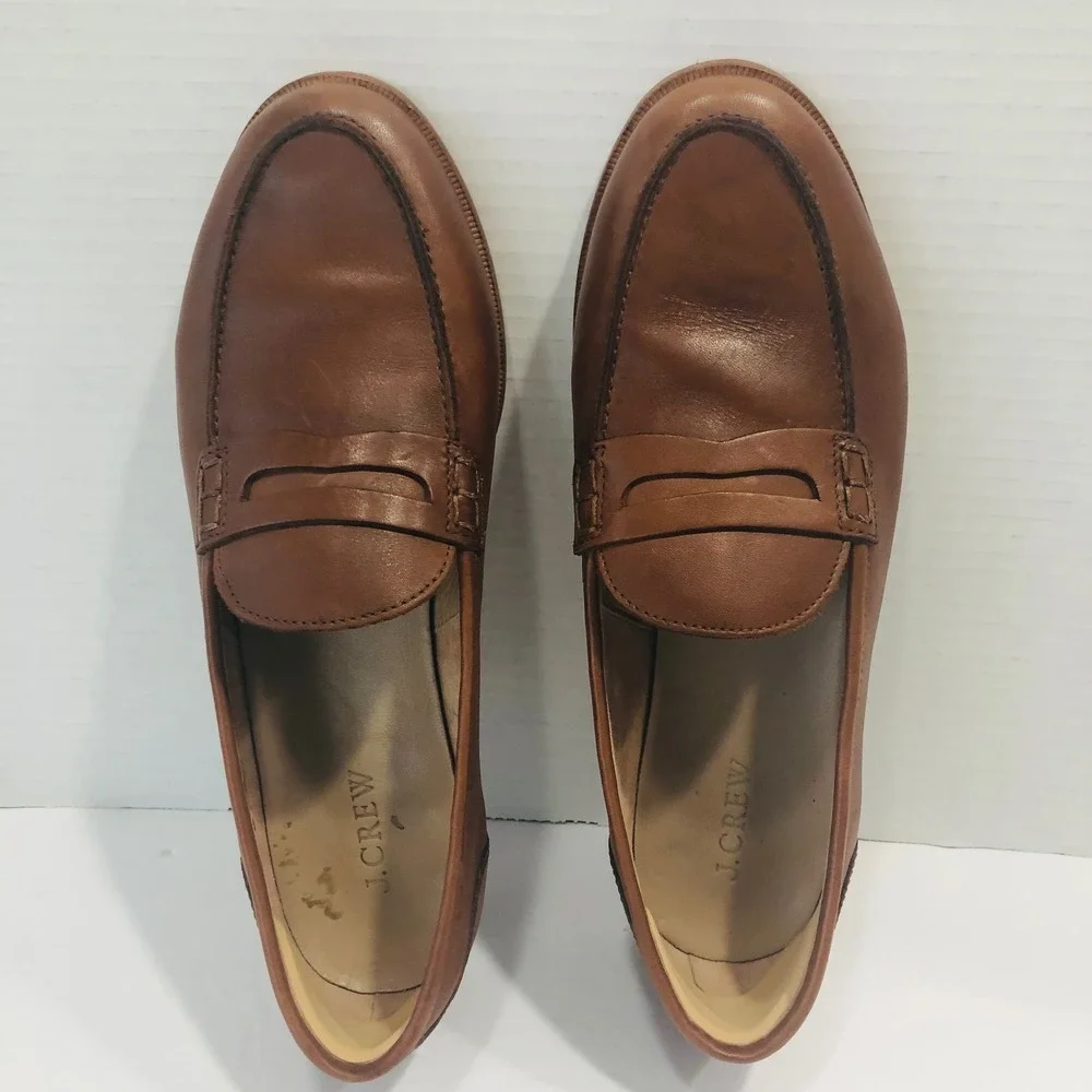 J Crew Ryan Penny Loafers Shoes Brown Leather Preppy Minimalist Flats Womens 10